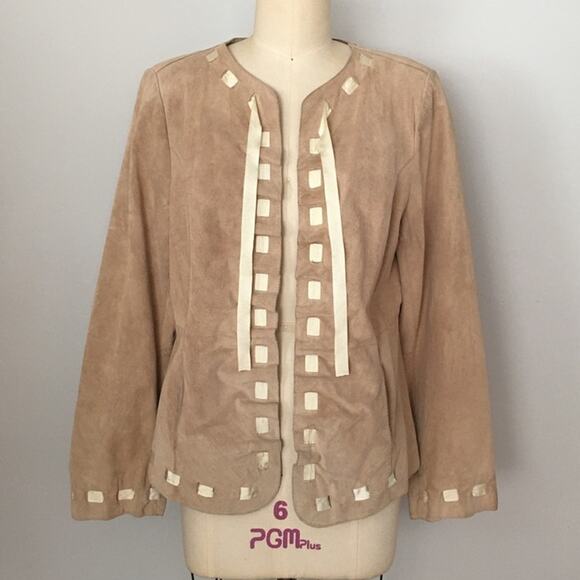 Bradley Bayou Beige Tan Genuine Suede Ribbon Trim Leather Jacket Size Medium - Picture 2 of 12